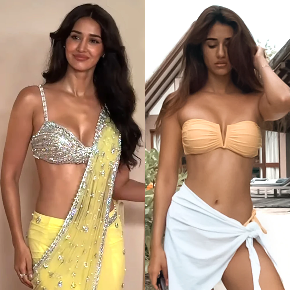 disha patani yellow saree bikini sexy body cleavage