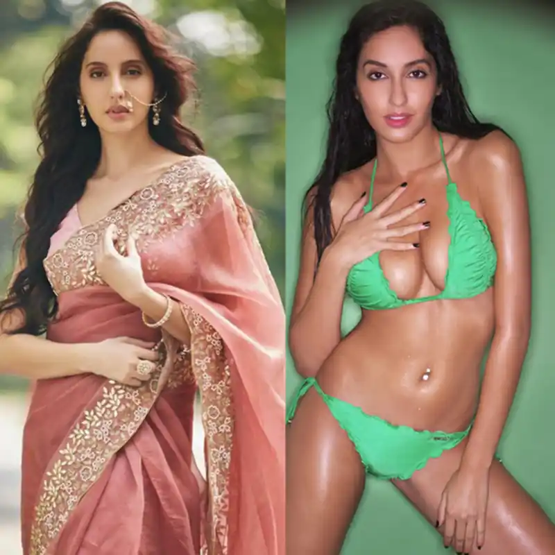 nora fatehi saree green bikini cleavage sexy body