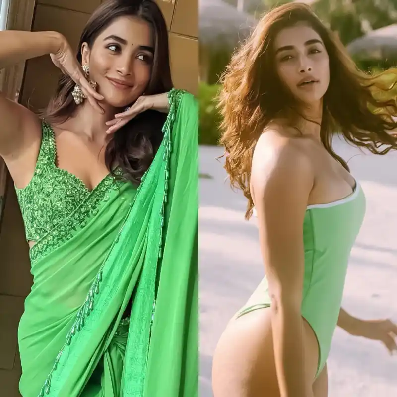 pooja hegde green saree swimsuit deva actress