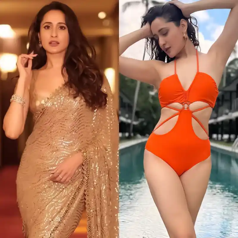 pragya jaiswal saree orange swimsuit sexy body