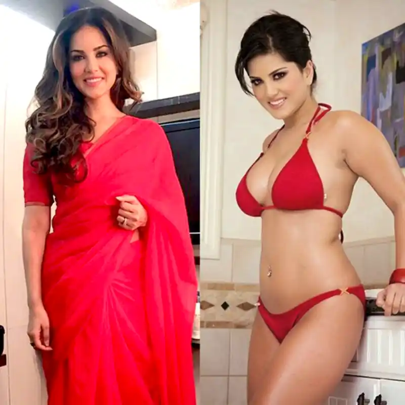 sunny leone red saree bikini sexy body