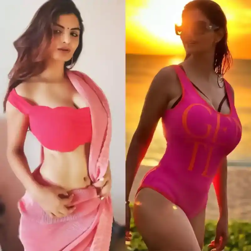 anveshi jain saree swimsuit cleavage navel curvy busty indian gandii baat pink