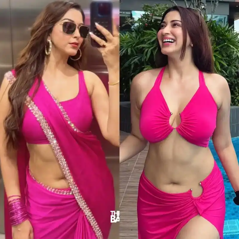 esshanya maheshwari navel saree bikini pink curvy indian