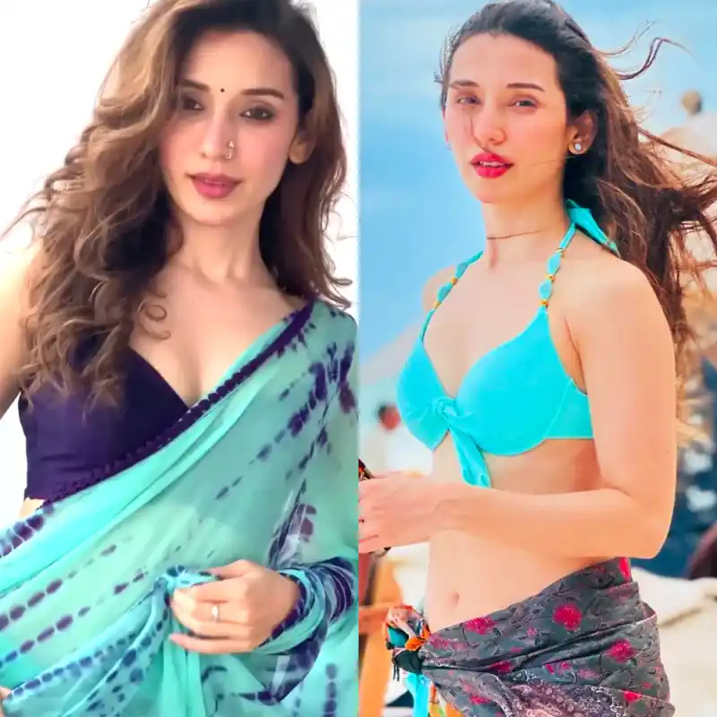 heli daruwala bikini saree turquoise slim figure undekhi actress