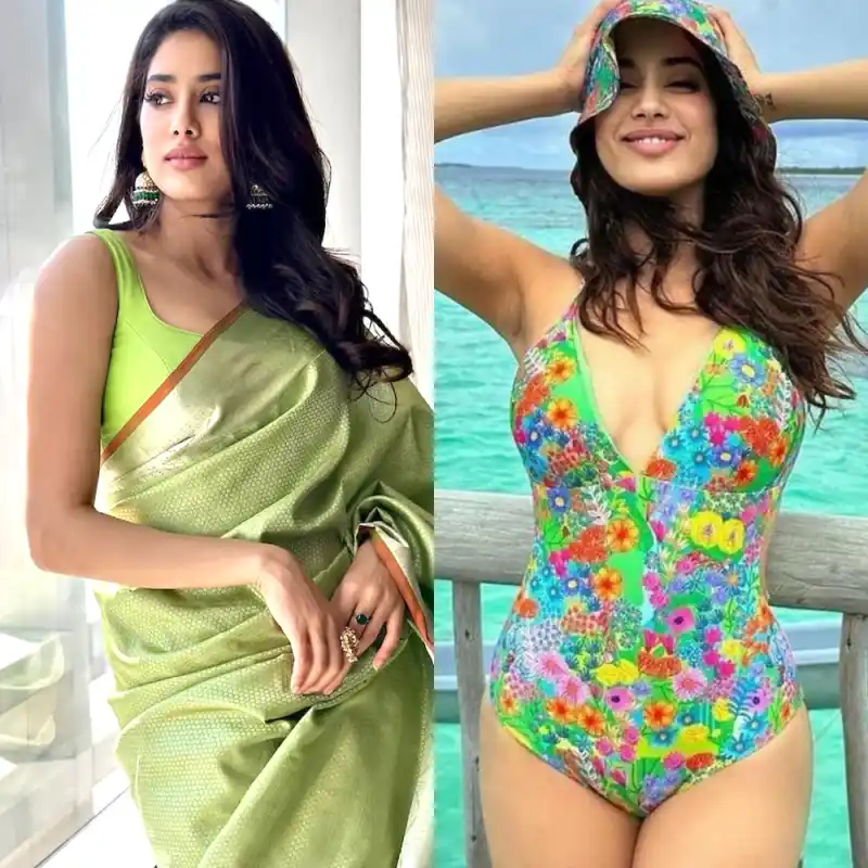 janhvi kapoor swimsuit saree green curvy indian actress