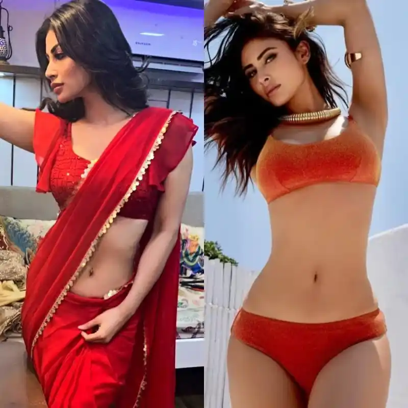 mouni roy bikini red saree navel sexy body