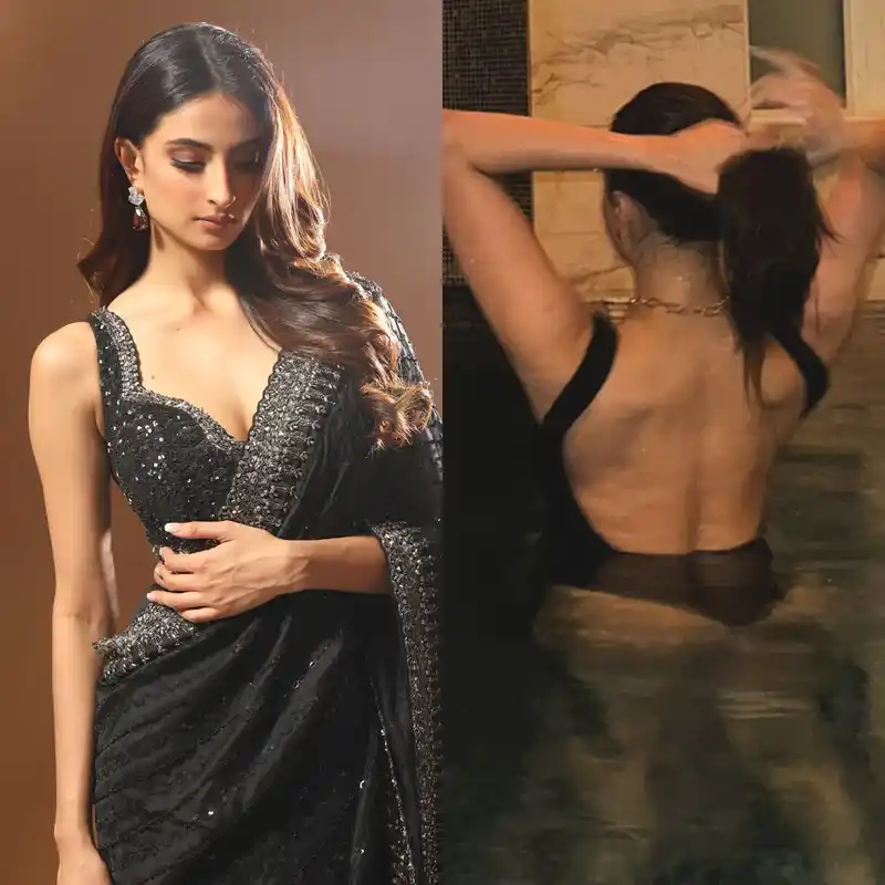 palak tiwari black saree swimsuit sexy back cleavage