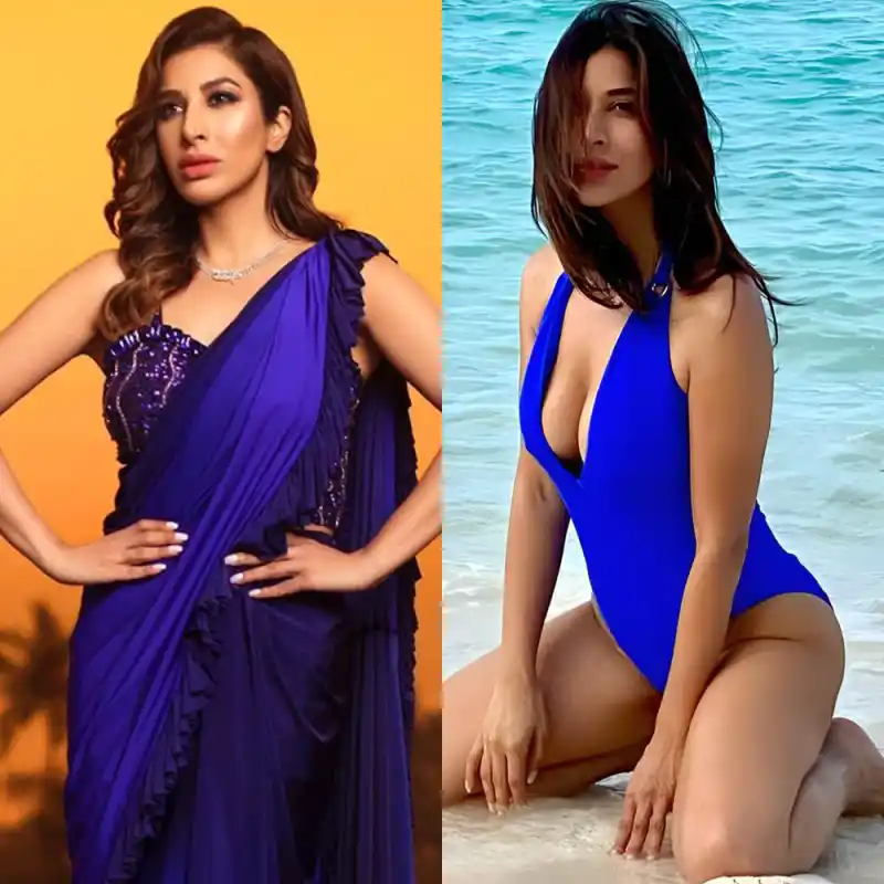 sophie choudry blue swimsuit saree cleavage Indian singer