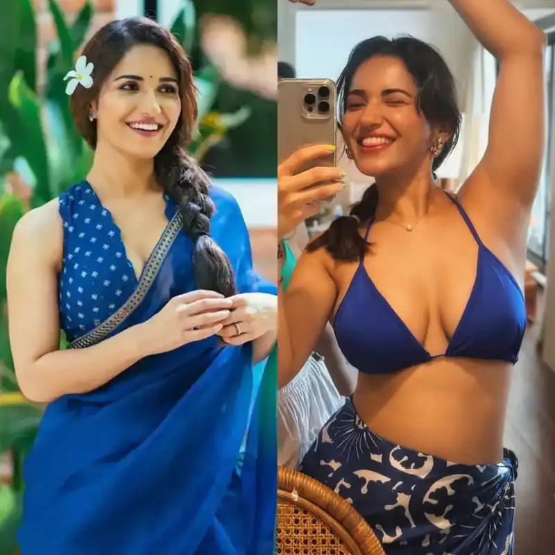 Ruhani Sharma bikini blue saree cleavage busty indian actress