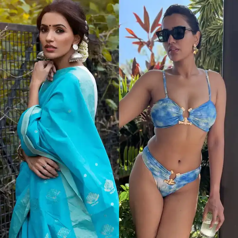 akshara gowda blue bikini saree sexy body mix up actress