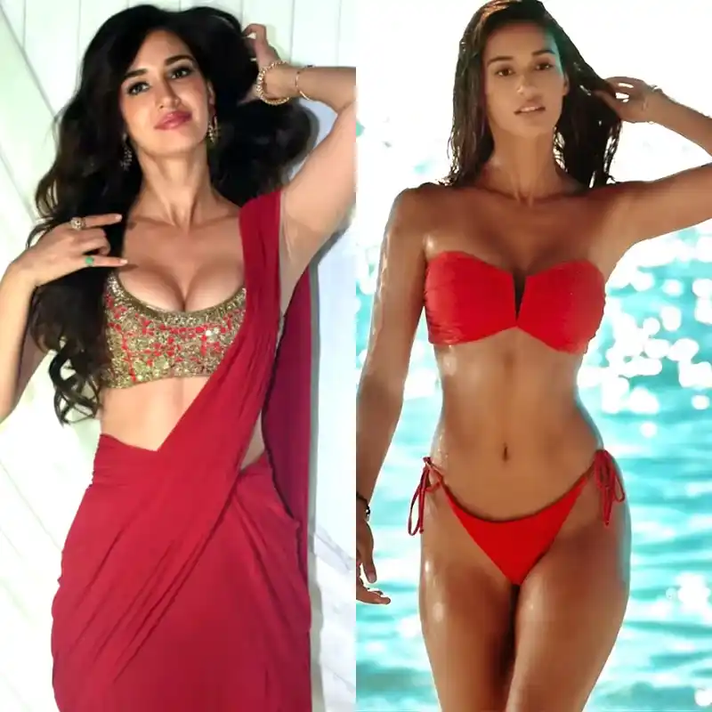 disha patani red bikini saree sexy body cleavage