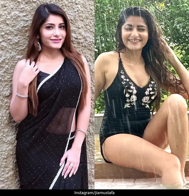 jia mustafa black swimsuit sheer saree crime patrol actress