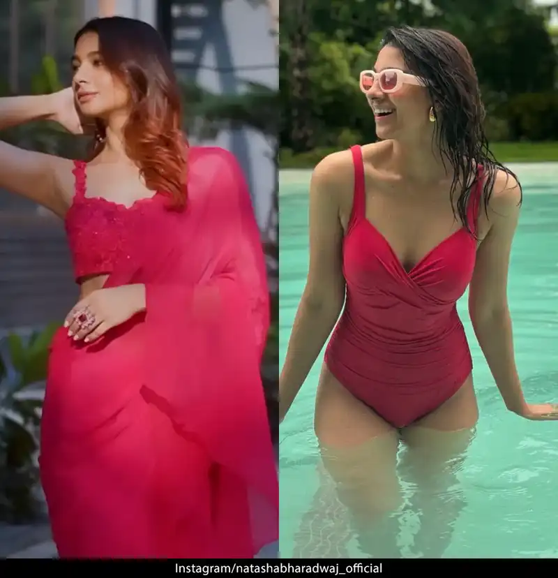 natasha bharadwaj red swimsuit saree hot indian actress