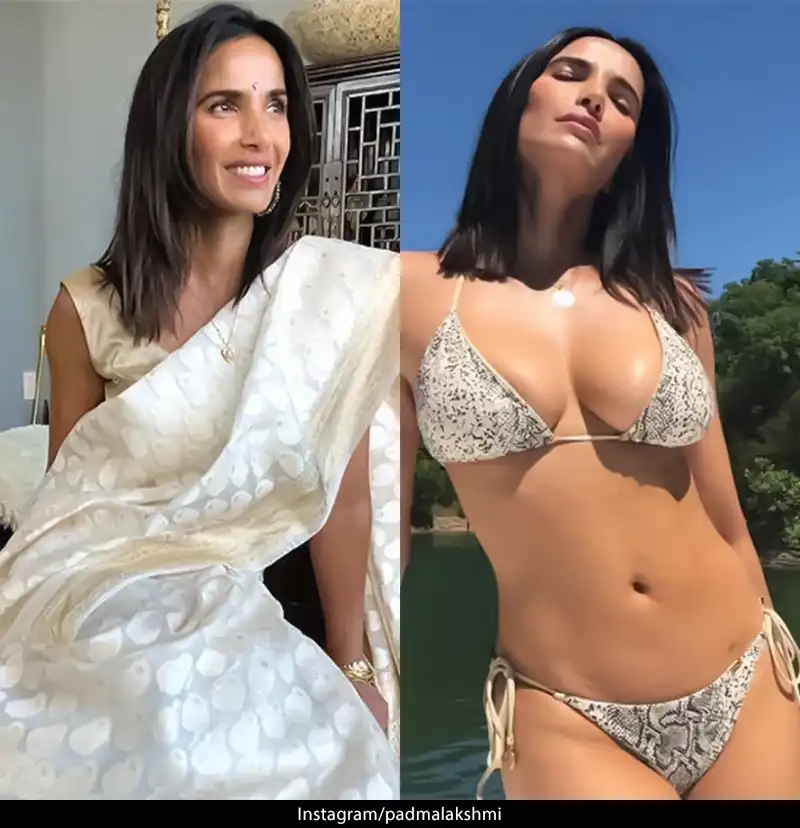 padma lakshmi string bikini cleavage busty white saree top chef host