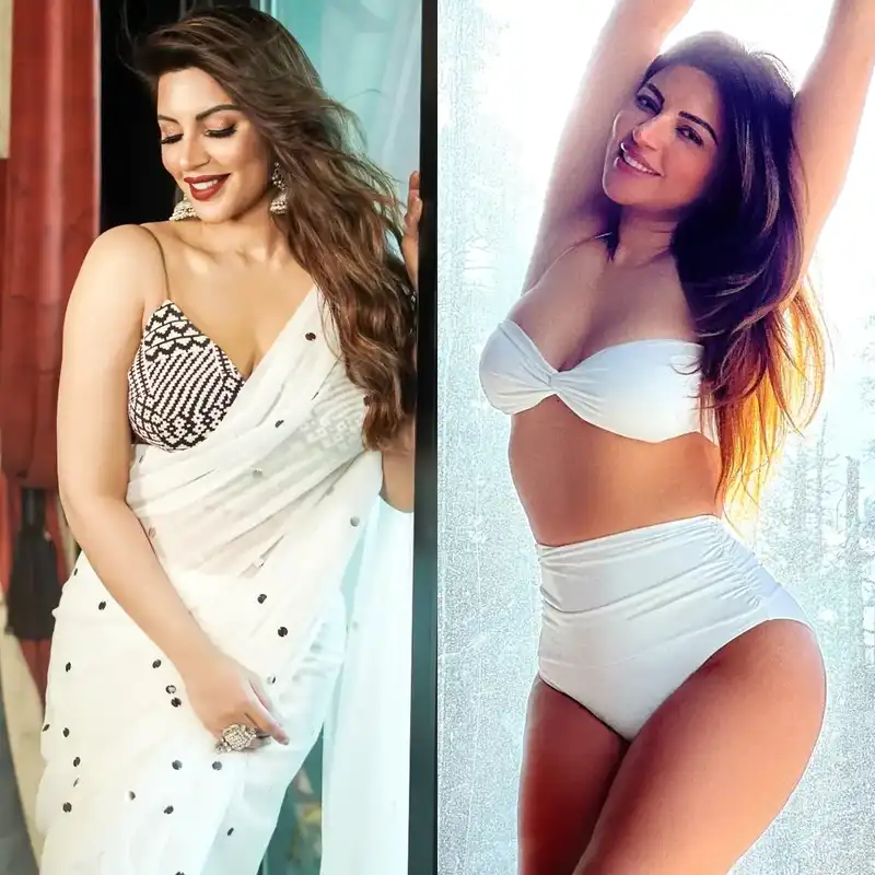 shama sikander white bikini saree curvy sexy body