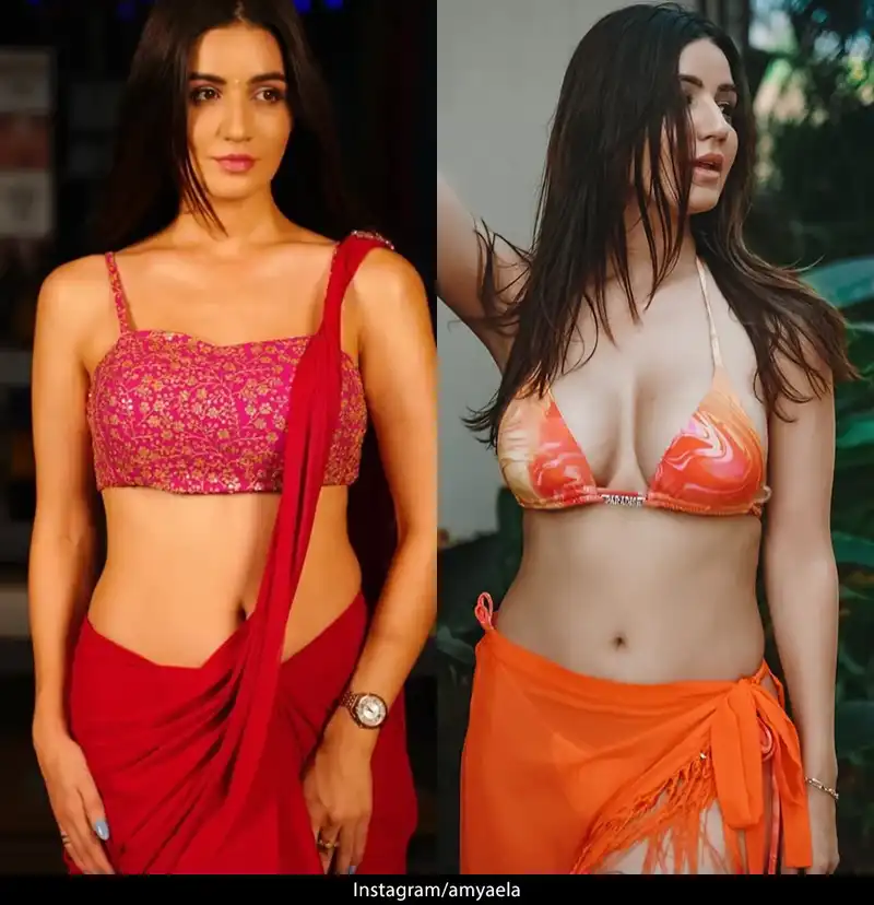 amy aela bikini cleavage busty sexy body red saree navel