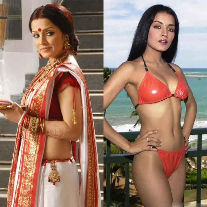 celina jaitley orange bikini saree sexy body