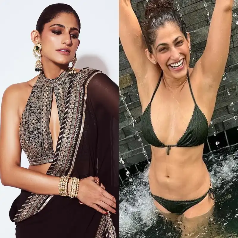 kubra sait black bikini sexy body saree halter neck blouse