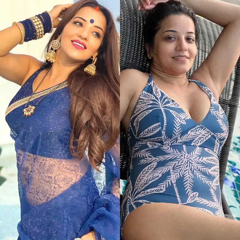 monalisa blue saree swimsuit curvy figure cleavage