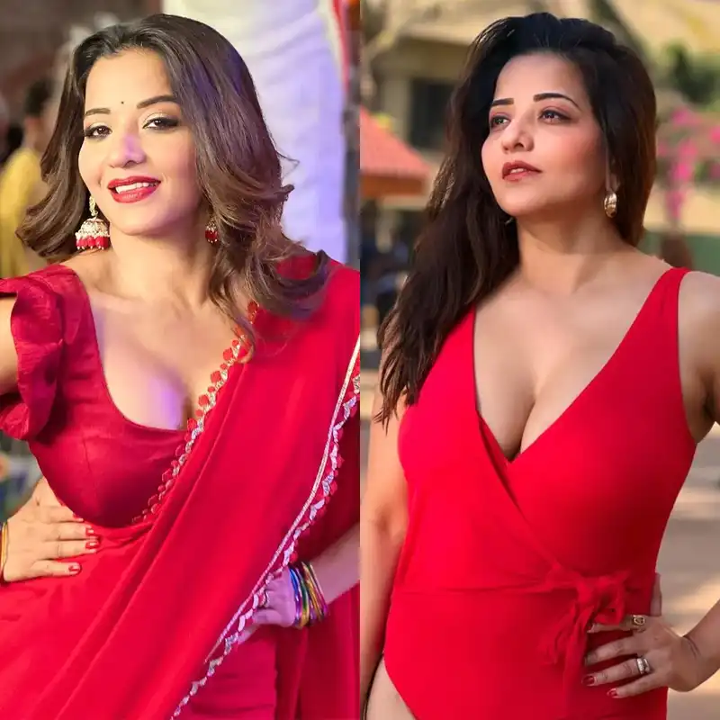 monalisa red swimsuit saree cleavage busty indian bhojpuri