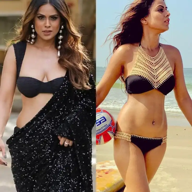 nia sharma bikini saree cleavage navel piercing tiny blouse black