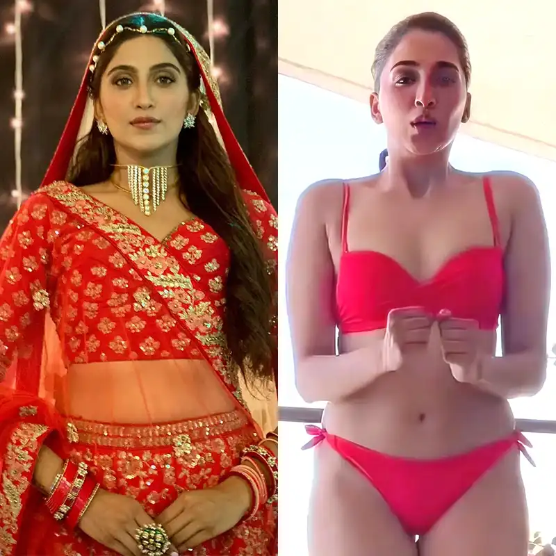 nimrit kaur ahluwalia pink bikini sexy body red lehanga