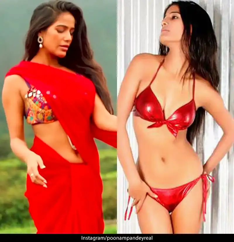 poonam pandey red bikini saree indian model actress