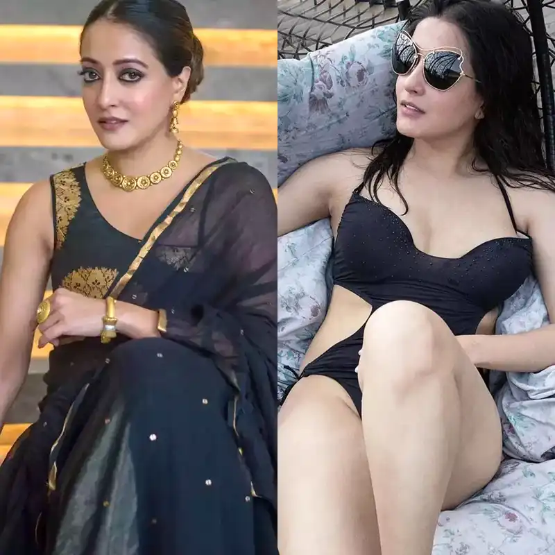 raima sen swimsuit black saree sexy legs