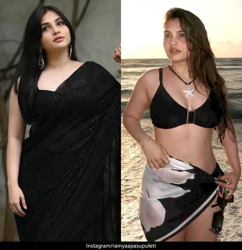 ramya pasupileti black bikini saree hot indian actress