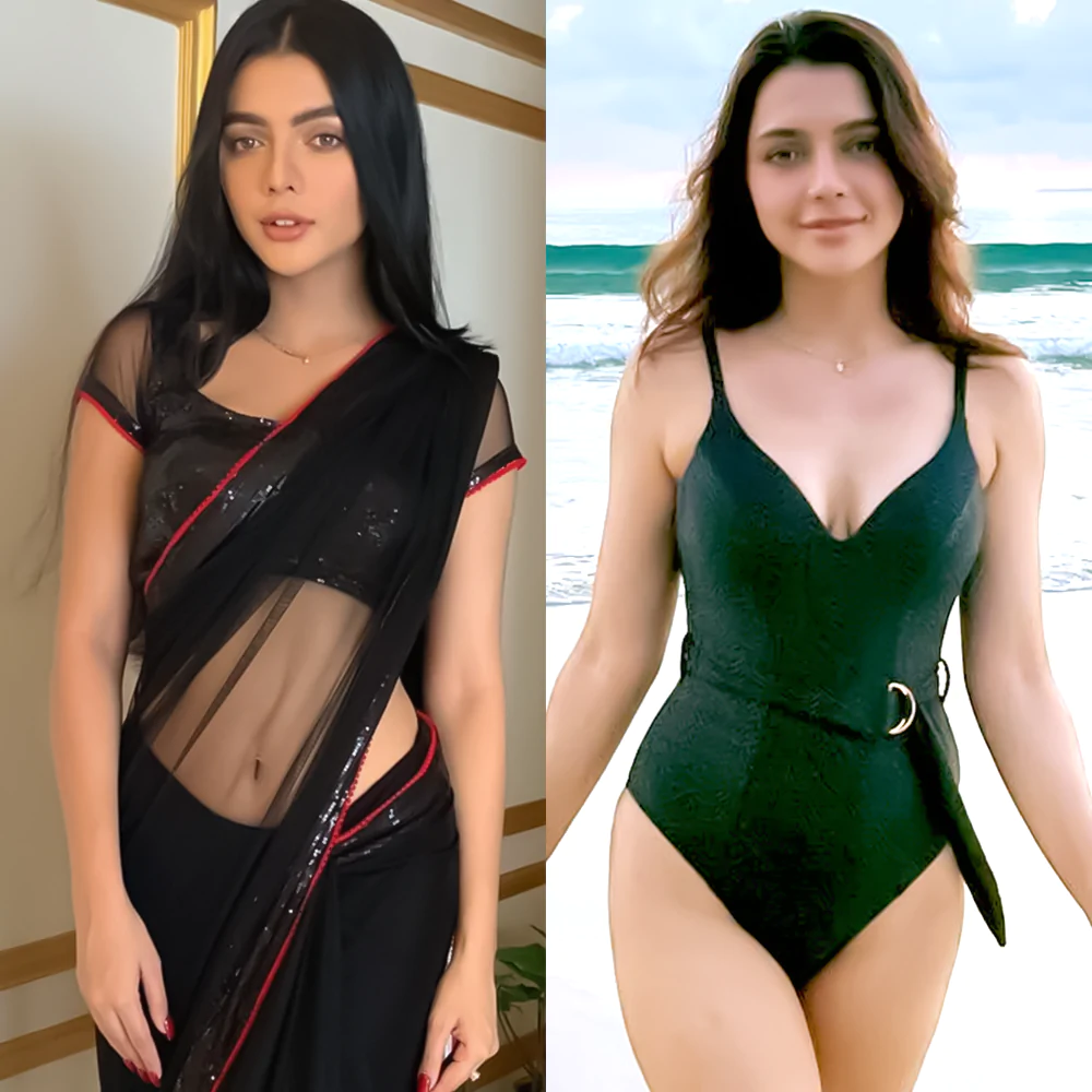 ruhi singh sheer black saree navel swimsuit sexy body