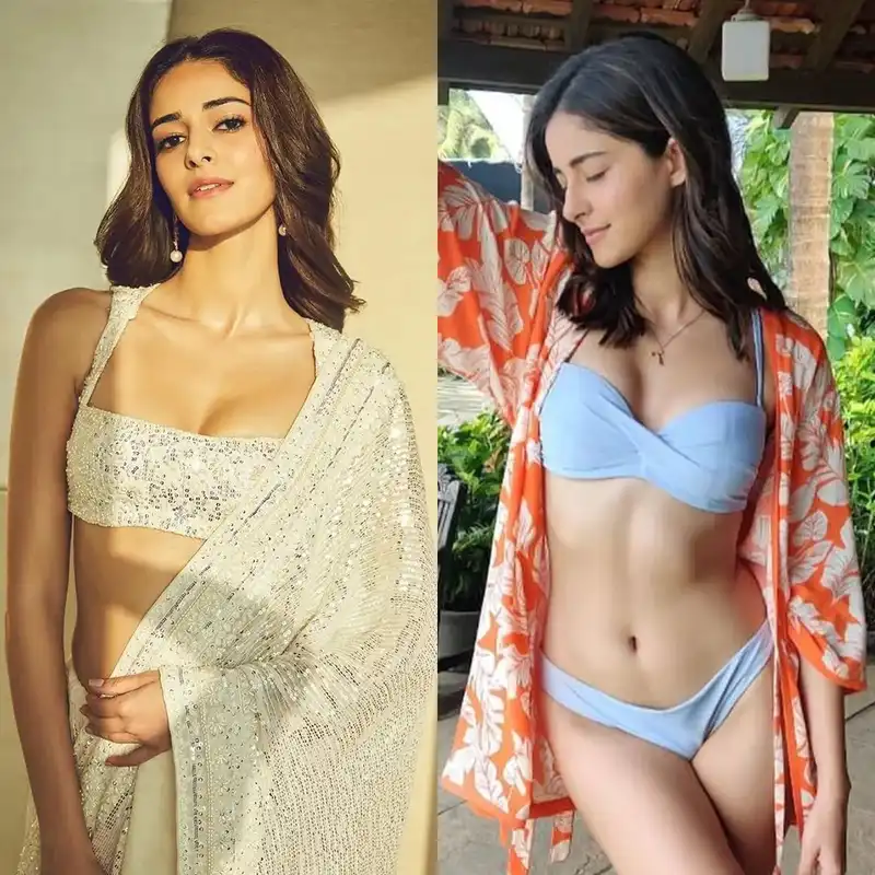 ananya panday white bikini saree tiny blouse sexy body