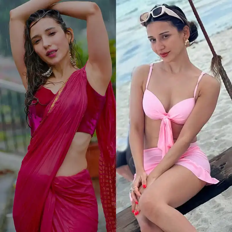 heli daruwala wet saree pink bikini armpits sexy legs cleavage