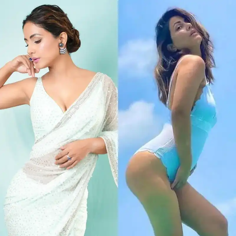 hina khan white swimsuit saree booty sexy body cleavage