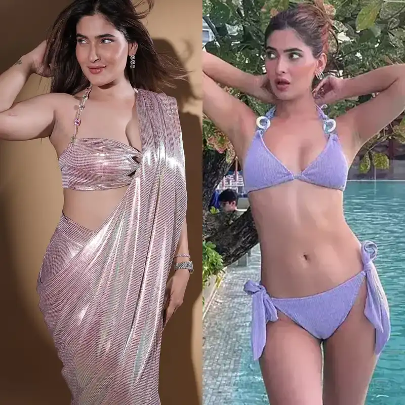 karishma sharma bikini sexy body silver saree navel cleavage