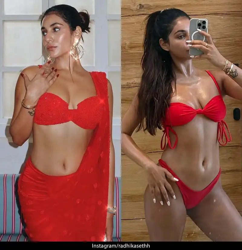 radhika seth red bikini saree sexy body navel cleavage selfie