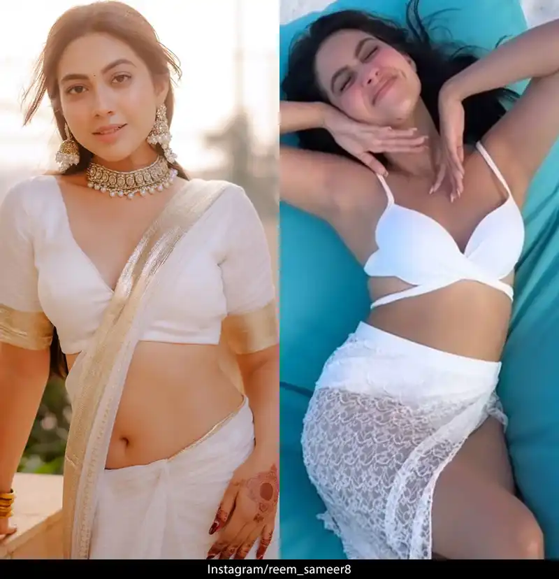 reem sameer shaikh white bikini saree navel hot