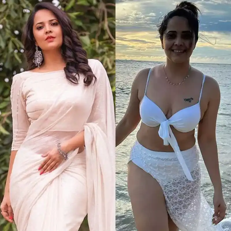 anasuya bharadwaj white bikini cleavage sexy body saree pushpa actress