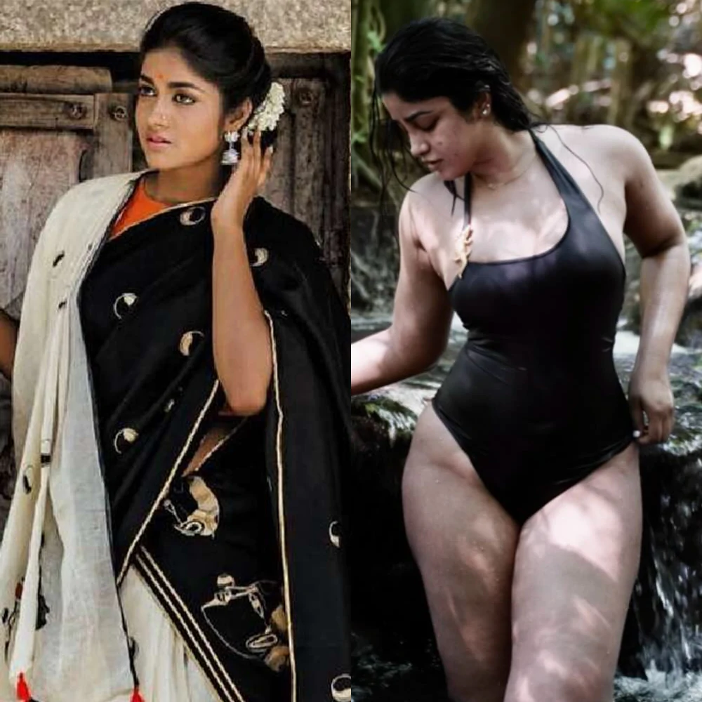 dimple hayathi black swimsuit saree curvy figure