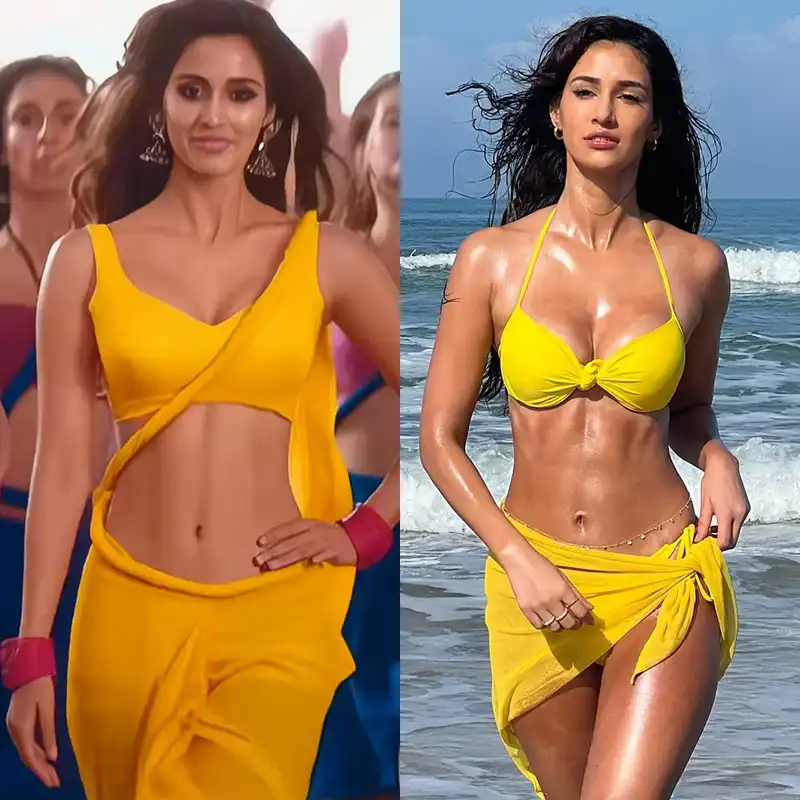 disha patani yellow bikini saree sexy body navel cleavage