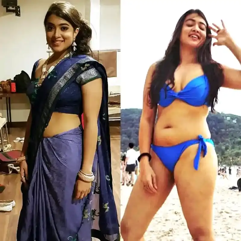 madhuri braganza saree bikini blue string malayalam actress curvy figure