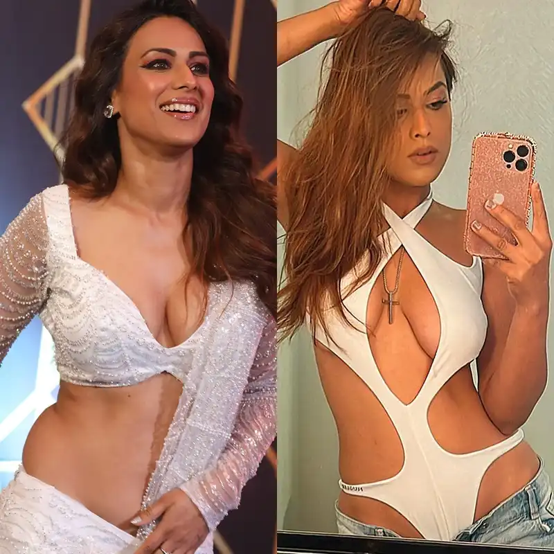 nia sharma white saree swimsuit cleavage busty selfie