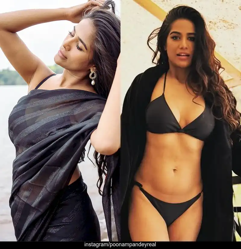 poonam pandey black saree bikini hot indian model actress