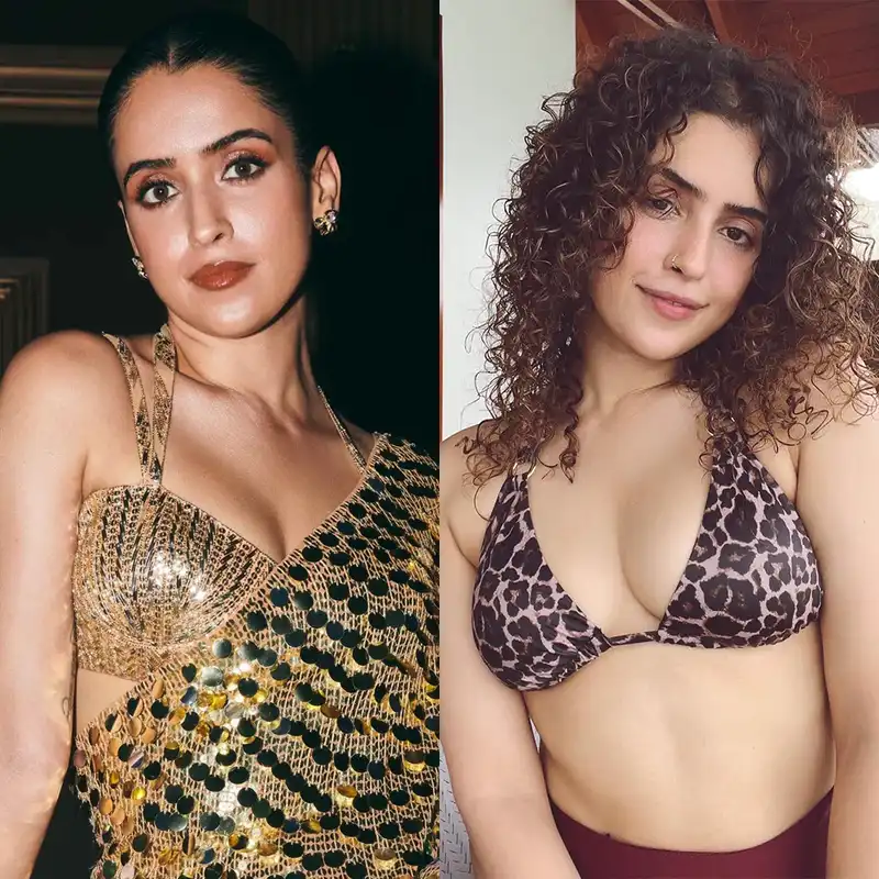 sanya malhotra golden saree leopard printed bikini cleavage busty