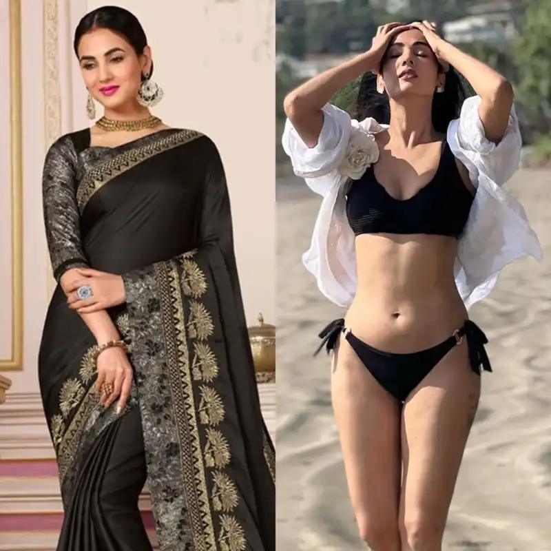 sonal chauhan black bikini sexy body saree