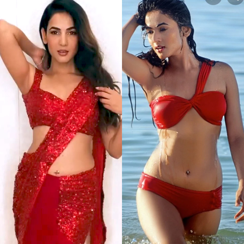 sonal chauhan red bikini saree navel piercing