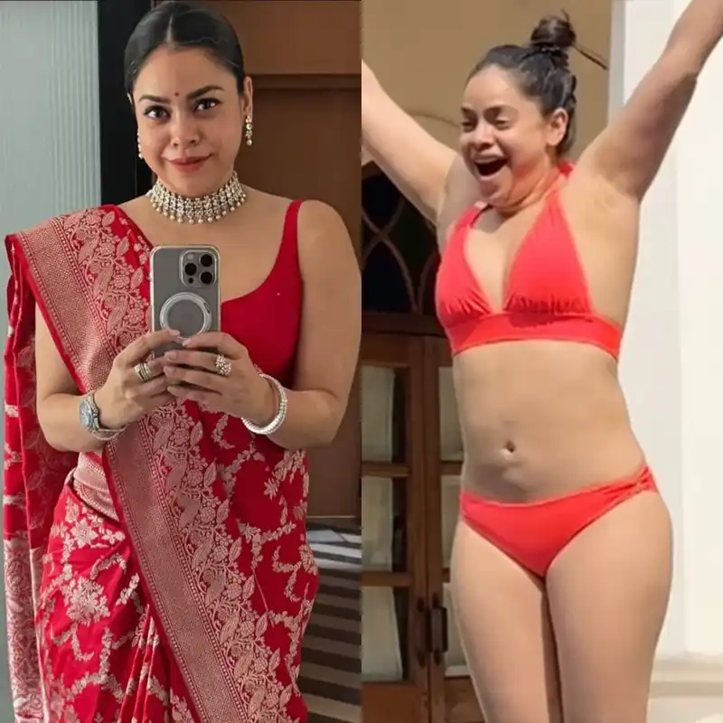 sumona chakravarti red bikini saree selfie the kapil sharma show actress
