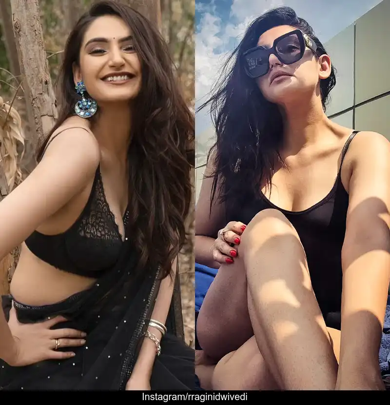ragini dwivedi black saree cleavage swimsuit sexy legs kannada actress